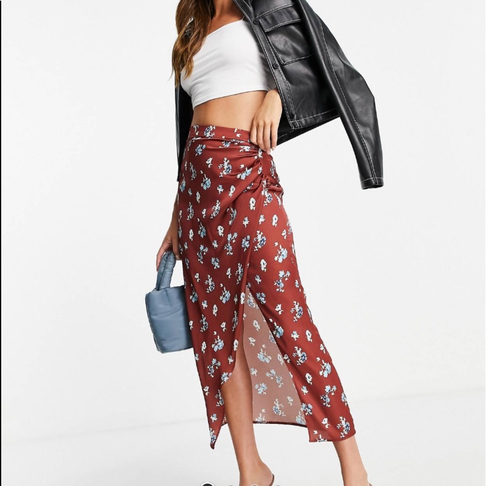 NWOT ASOS design satin drape midi skirt with thigh split in rust floral